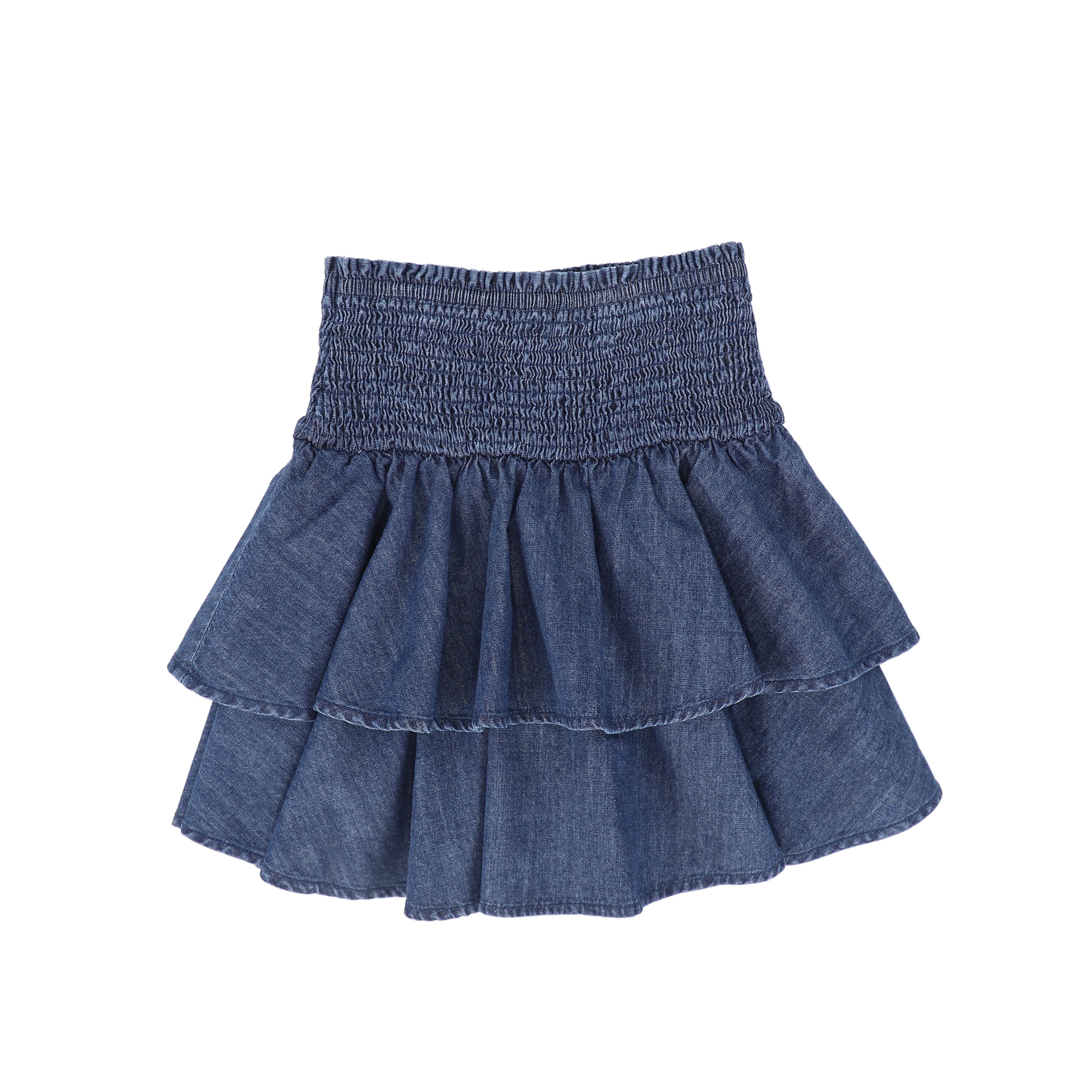 Smocked tiered denim skirt