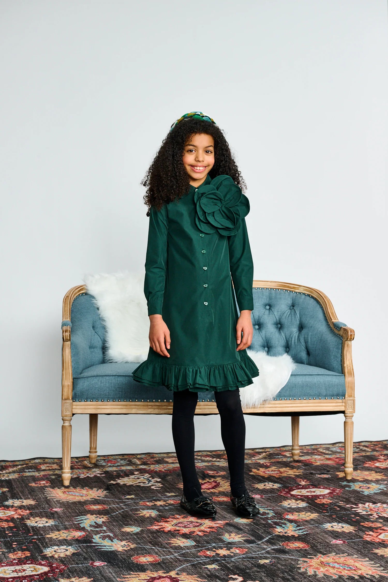Green W/ large Flower Button Down Dress