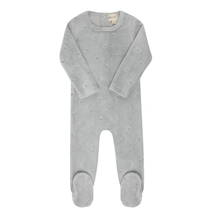 Velour embroidered floral blue footie