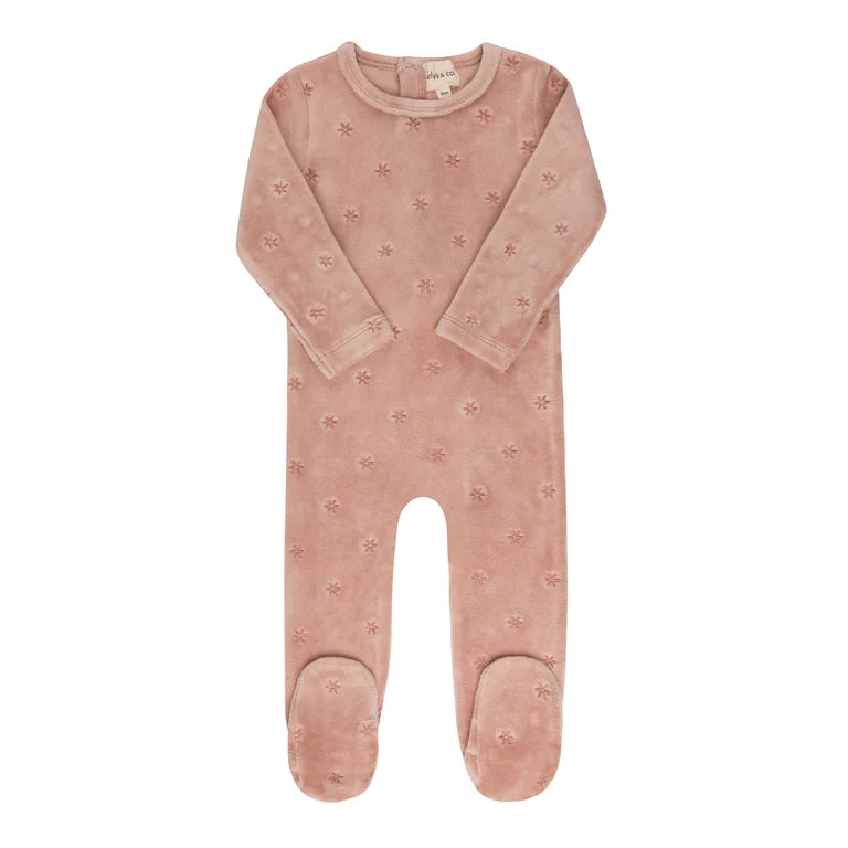 Velour embroidered pink footie