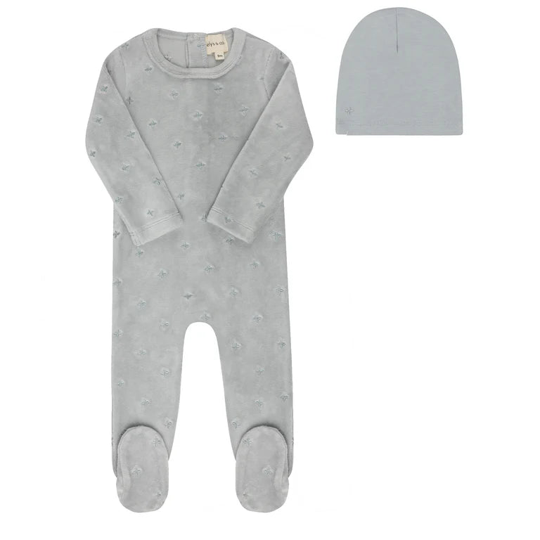 Velour embroidered floral blue footie