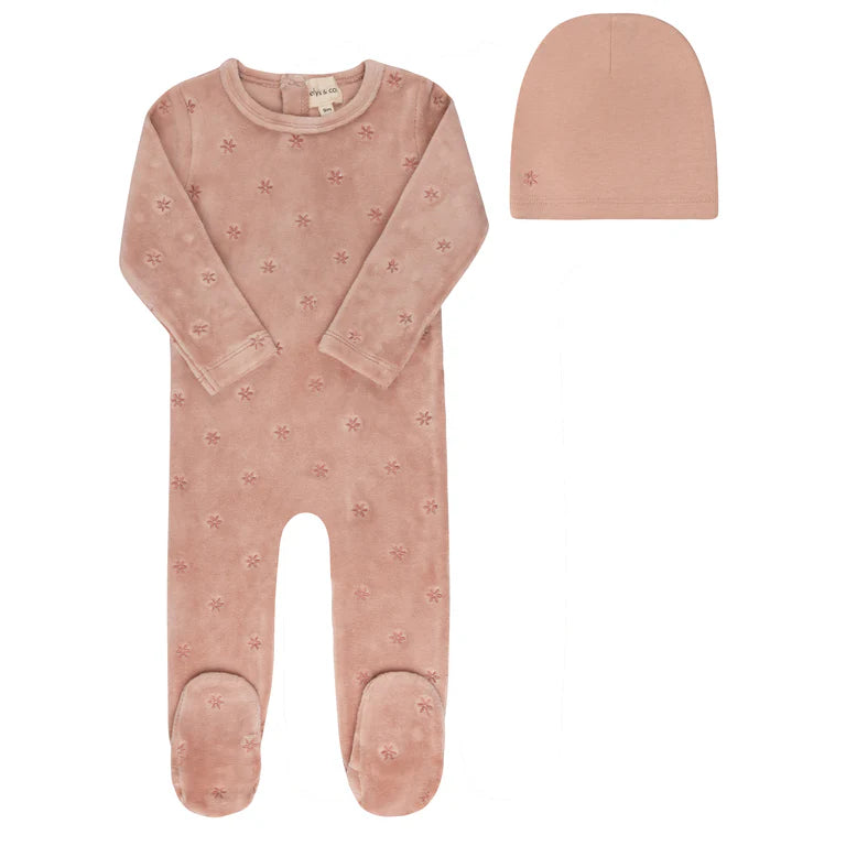 Velour embroidered pink footie