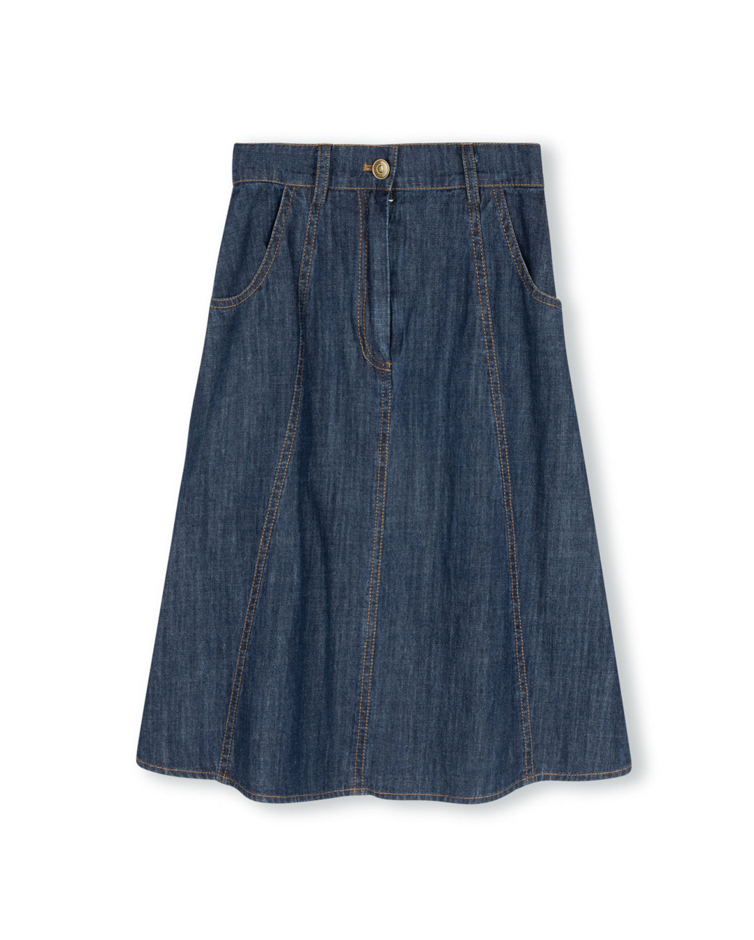 denim paneled flyfront skirt