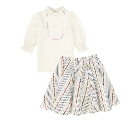 pleated bib blouse and skirt set