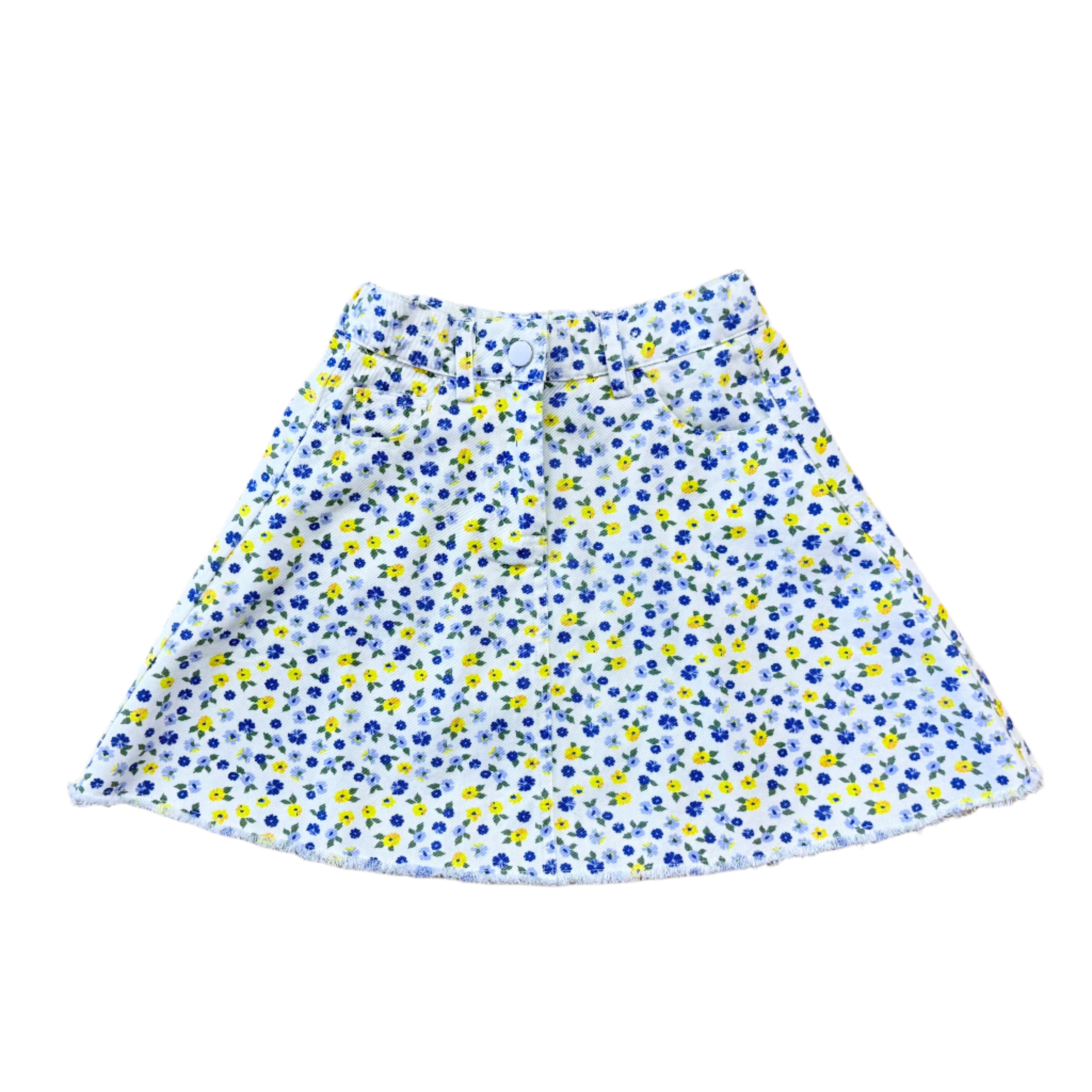 printed denim flare skirt