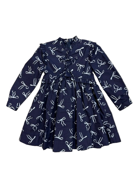 blue and white bow and ruffle dress