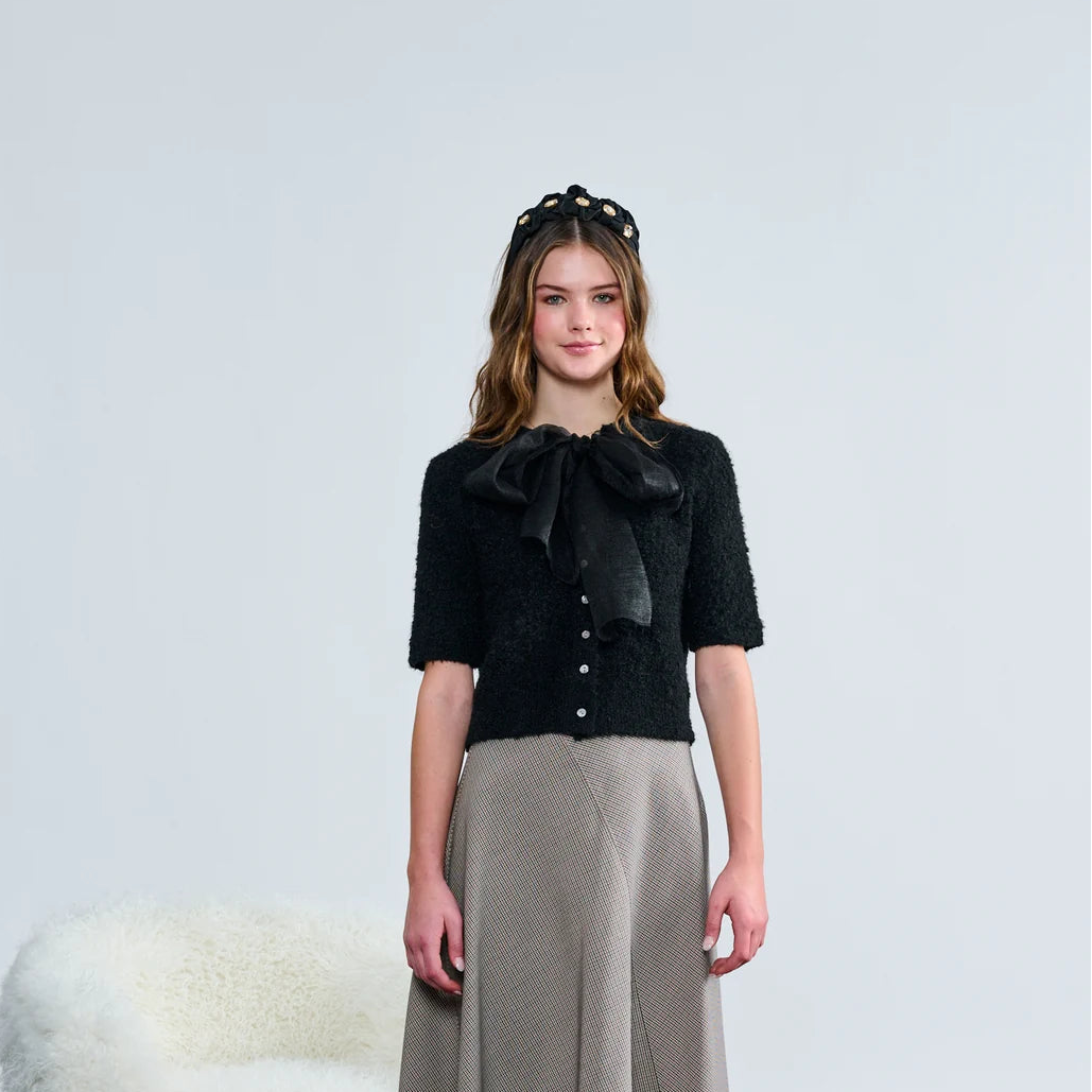 Fuzzy Knit Organza Bow Top