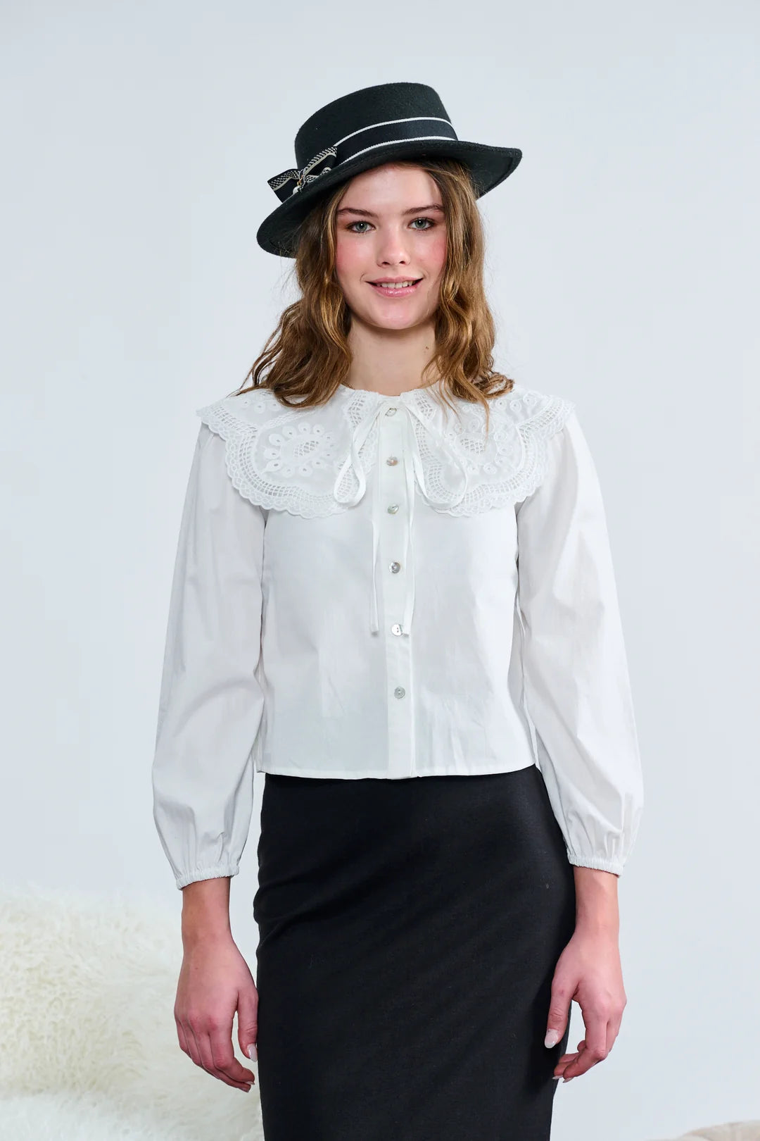 White Button Down Lace Collar Shirt