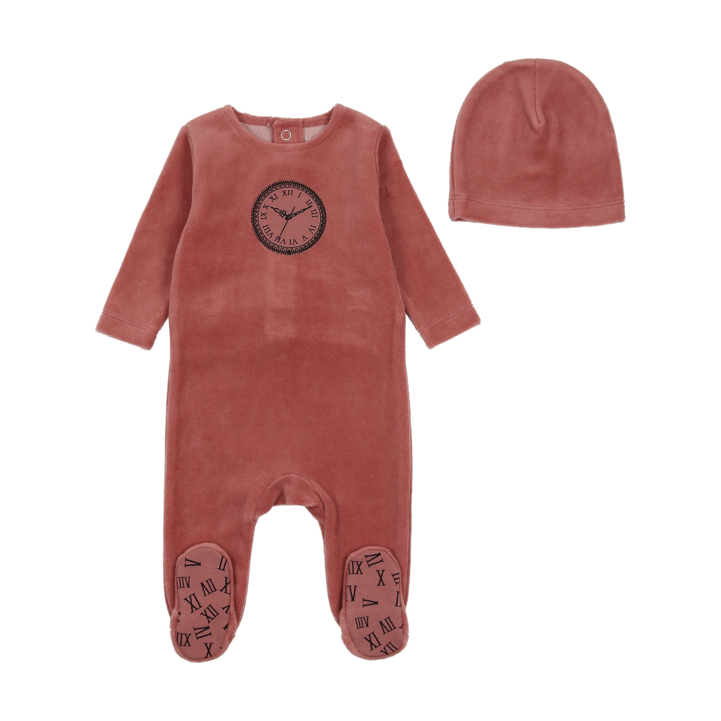 Clock velour footie rhubarb