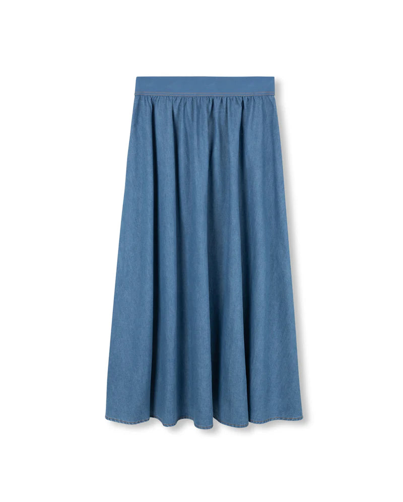 Denim wide elastic band midi skirt